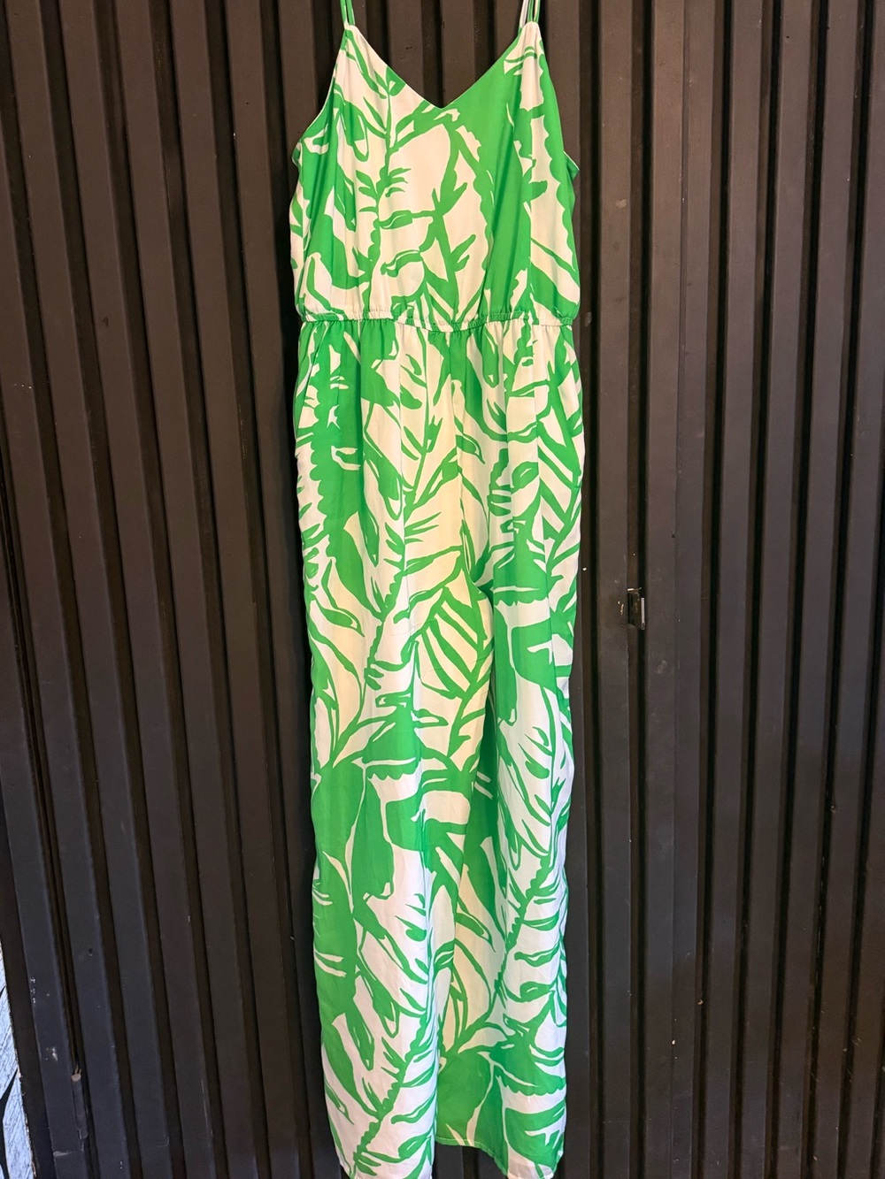 Lilly Pulitzer Green and White Leaf-Print Spaghetti-Strap Jumpsuit